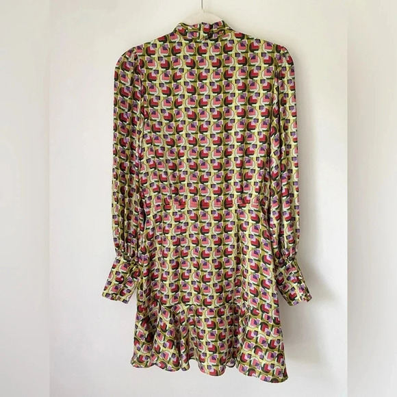 ALEXIS Dress Women’s Small Mirene Bronze Geo Neck Tie Bow Ruffle Hem Mini - Picture 7 of 12